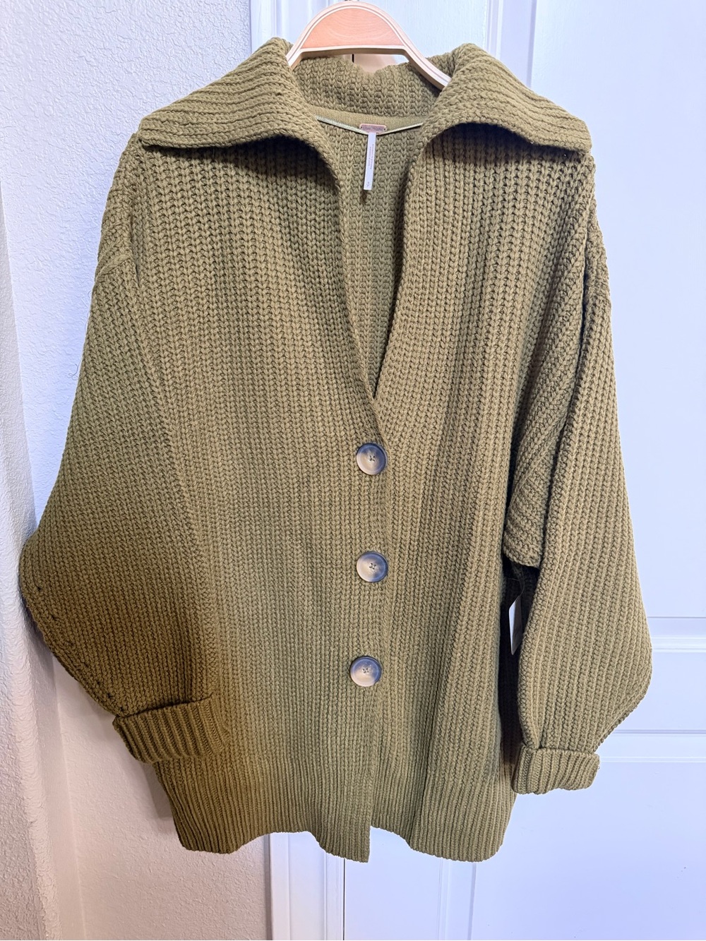 Free People Oregano Green Chunky Knit Button-Front Women's Sweater - Picture 2 of 6